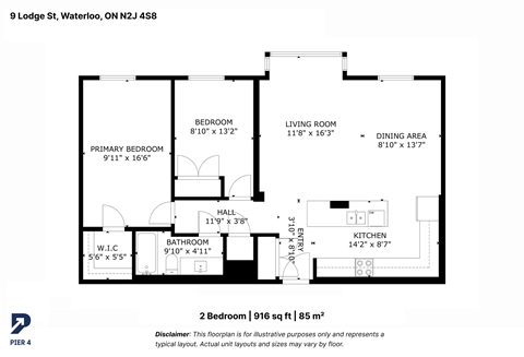 Floor plan for 2 beds, 1 bath, 916 sqft